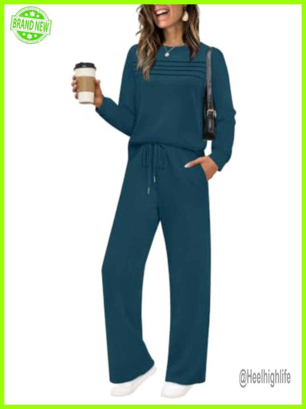 Womens 2 Piece Sweatsuit Set Pleated Crewneck Top Wide Leg Pants Lounge